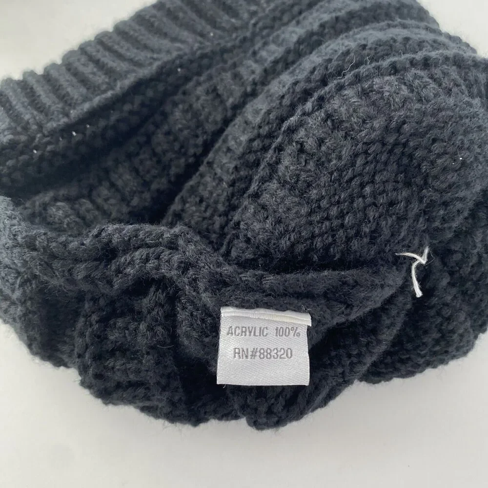 CC Chic Brand Soft Stretch Cable Knit‎ Faux Fur Pom Pom Beanie Hat Black Cozy